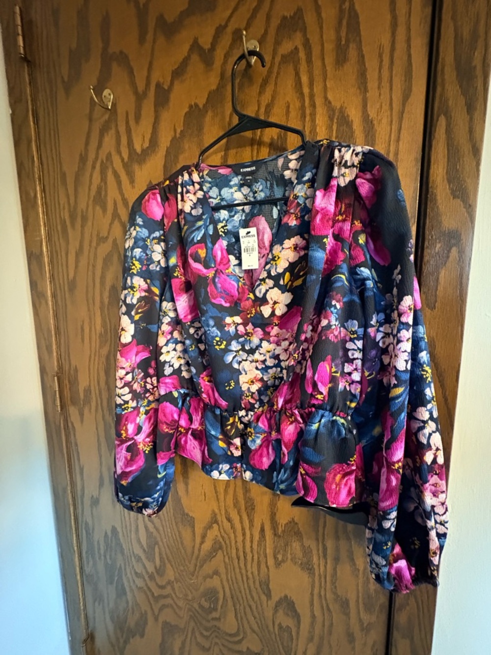 Express Navy Floral V-Neck Long Sleeve Blouse with Pink Blossoms